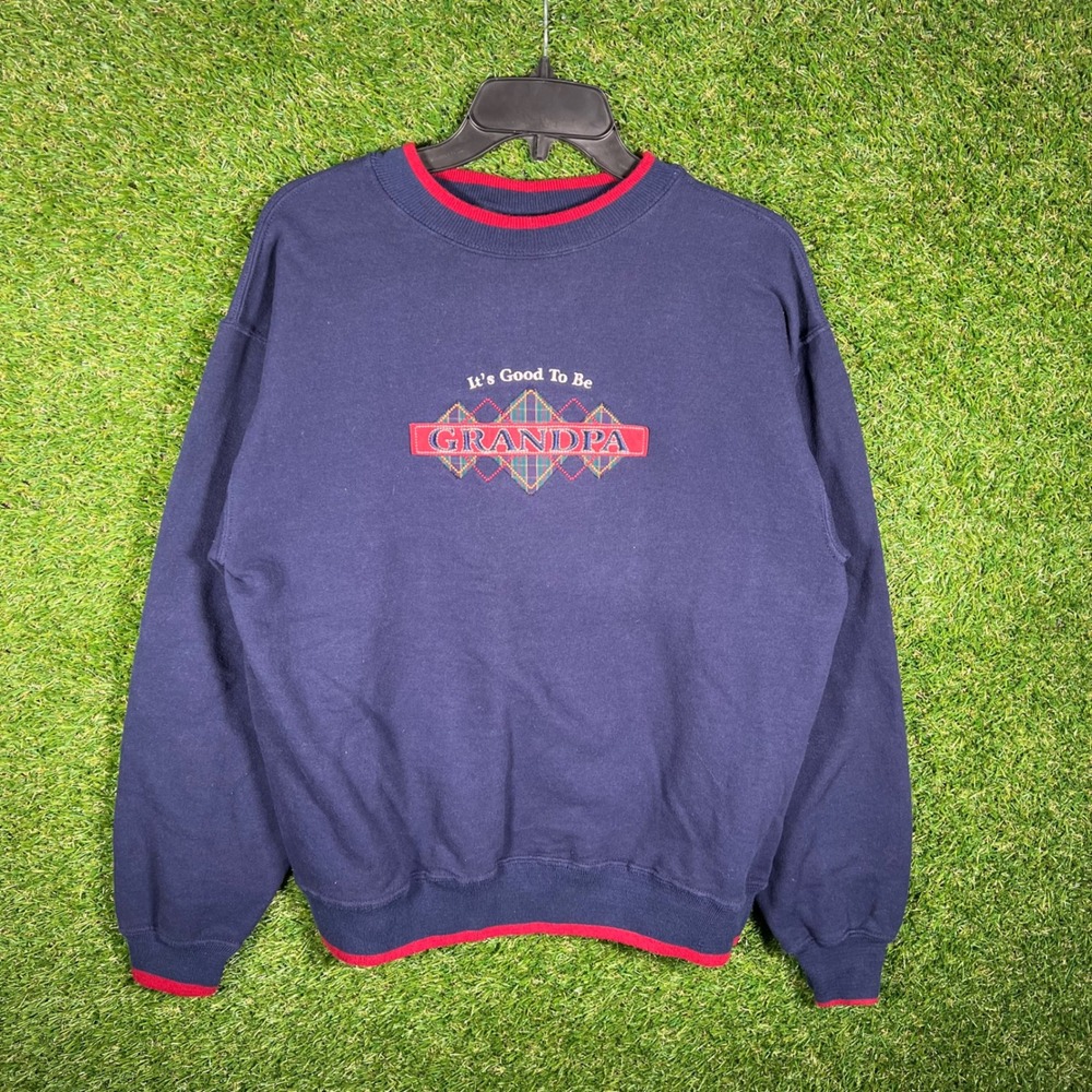 M&C Sport‎ Grandpa Embroidered Crewneck Sweatshirt Navy Blue Red Trim Medium